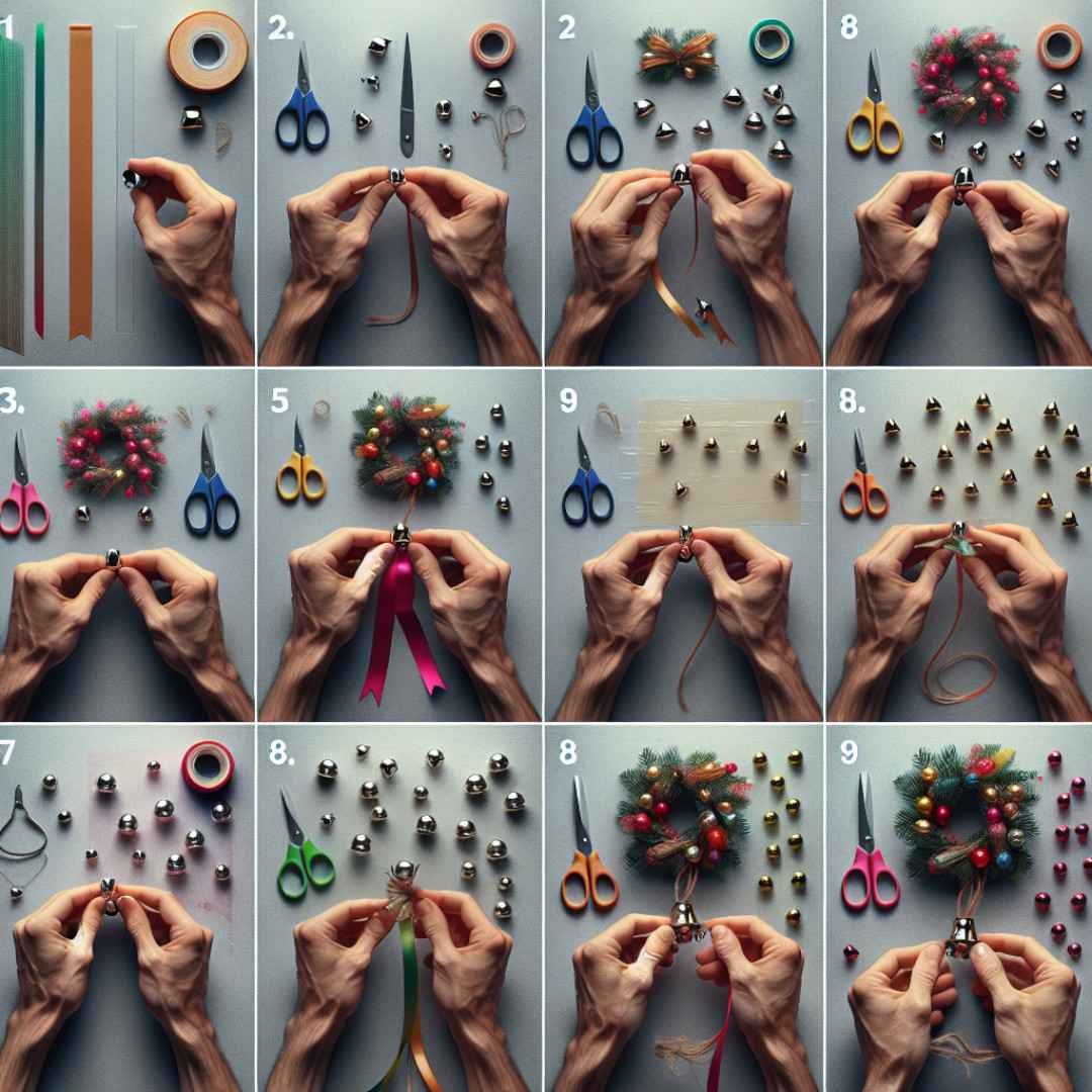 Step-by-step images of a DIY project showcasing the creation of bell garlands. The sequence includes detailed views of hands manipulating colorful ribbons, small bells, scissors, and glue, displayed on a bright and organized workspace. Each image focuses on a specific step, from cutting ribbons to attaching bells, highlighting the creative process and festive end result.