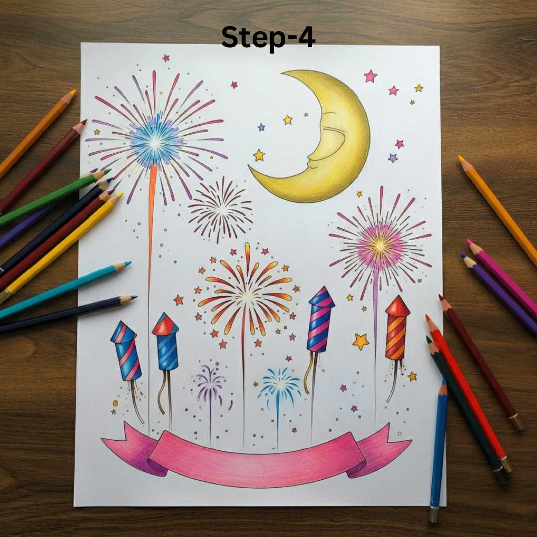 Step-by-step New Year drawing with fireworks, crescent moon, and banner