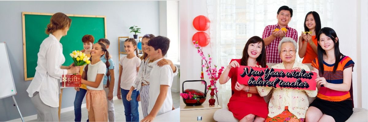 Students and teacher celebrating with festive red decorations