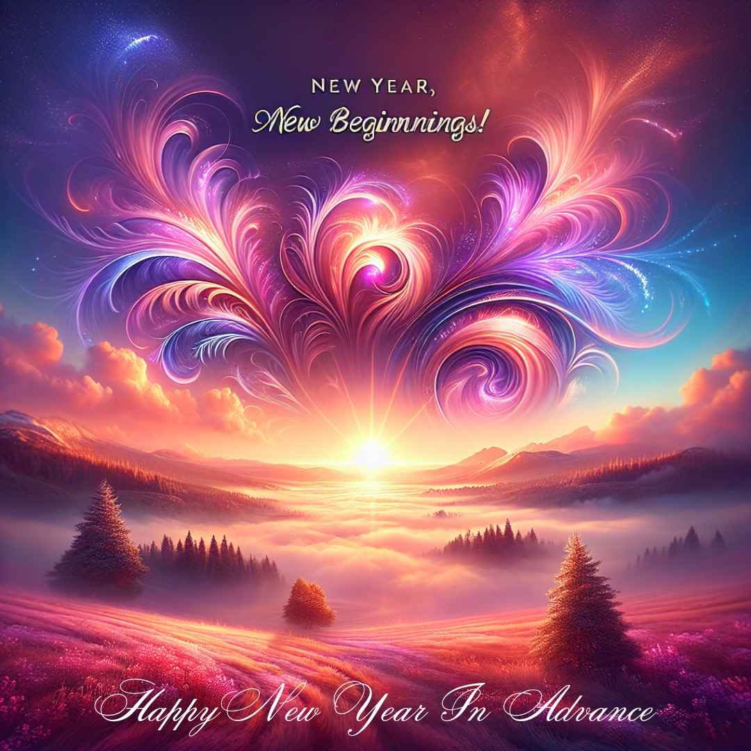 A dreamy sunrise landscape with swirls of colorful light and text saying “New Year, New Beginnings – Happy New Year in Advance”