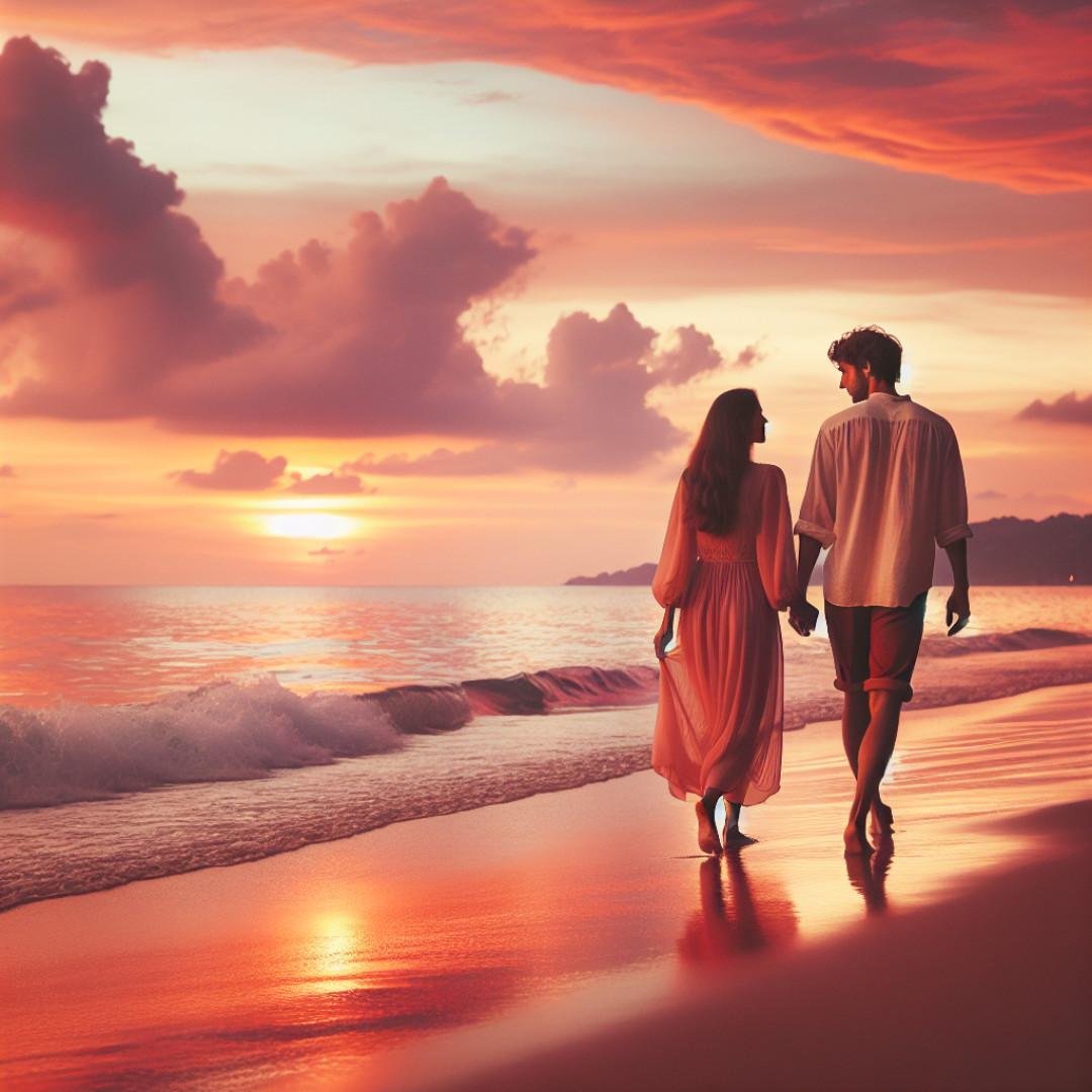 Couple walking hand in hand on a beach during sunset, exemplifying candid couple photos.