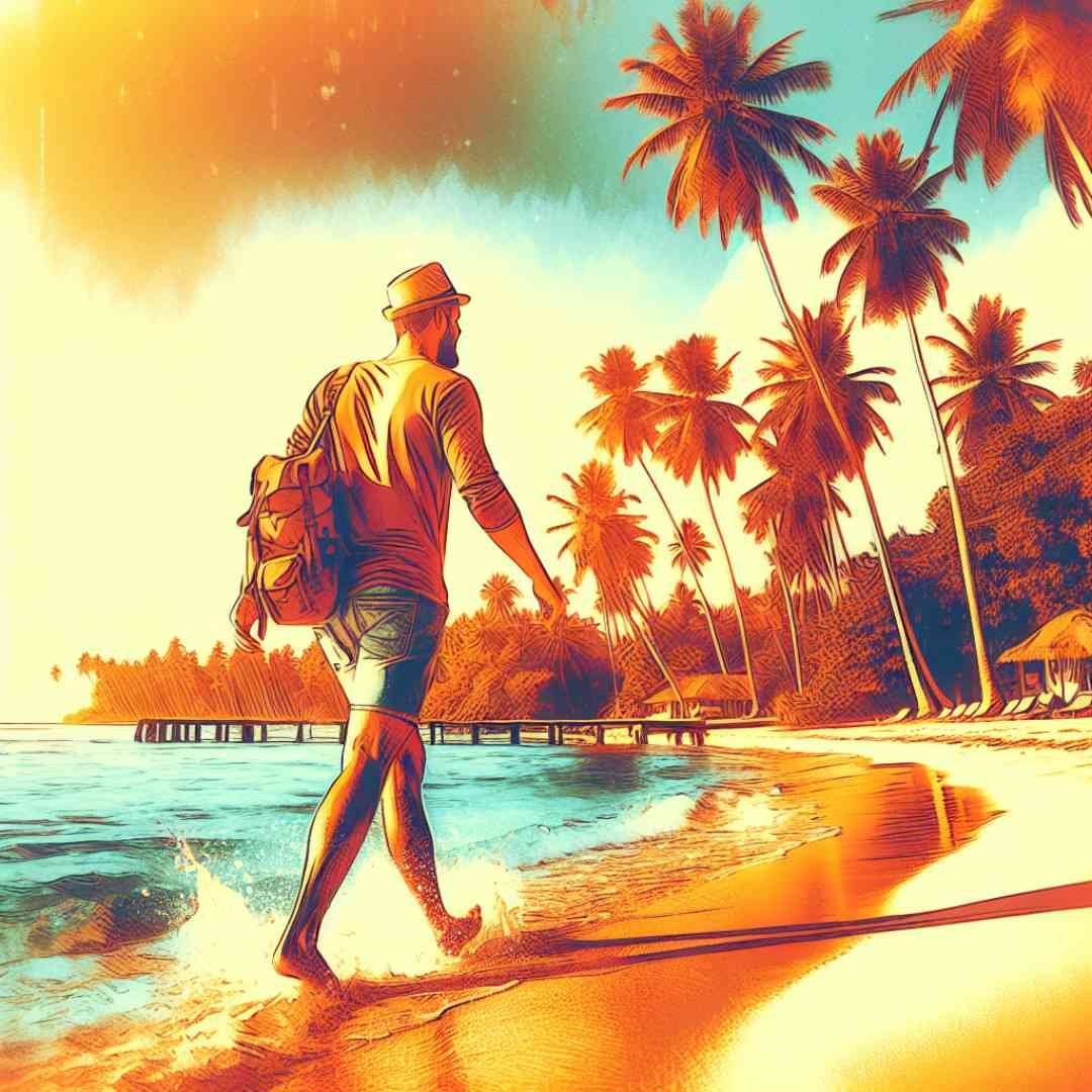 Traveler enjoying a walk on a tropical beach, highlighting candid travel photos.