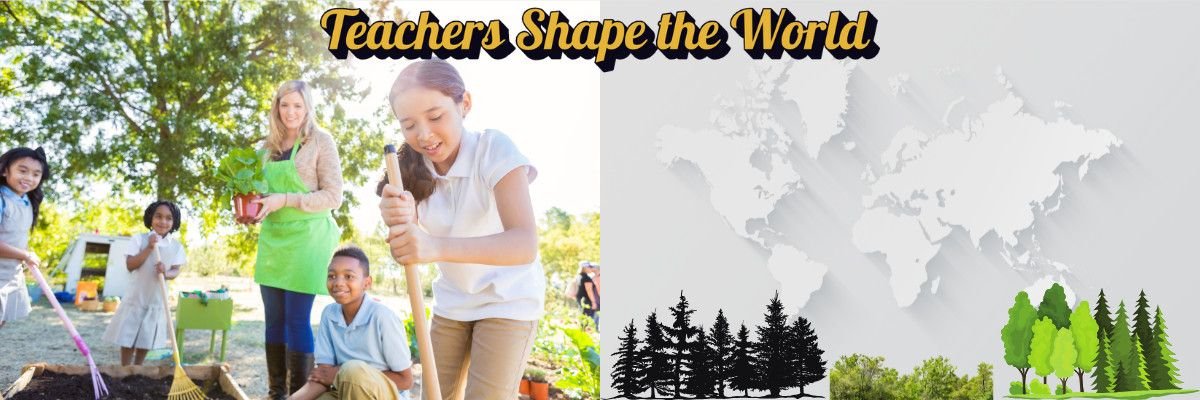 Student planting in garden under teacher’s guidance with world map background