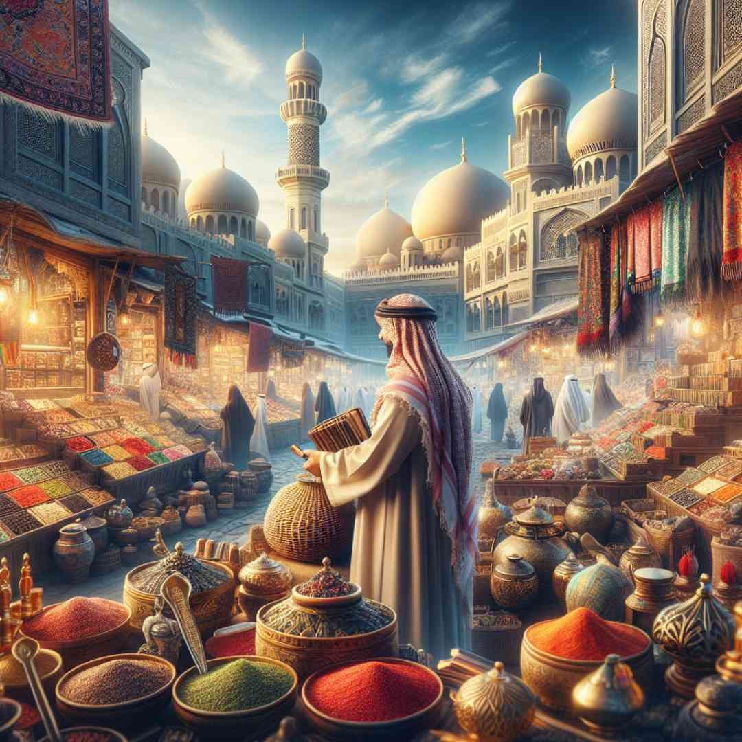 Traditional Arabic souk with a man in robe surrounded by pottery and spices