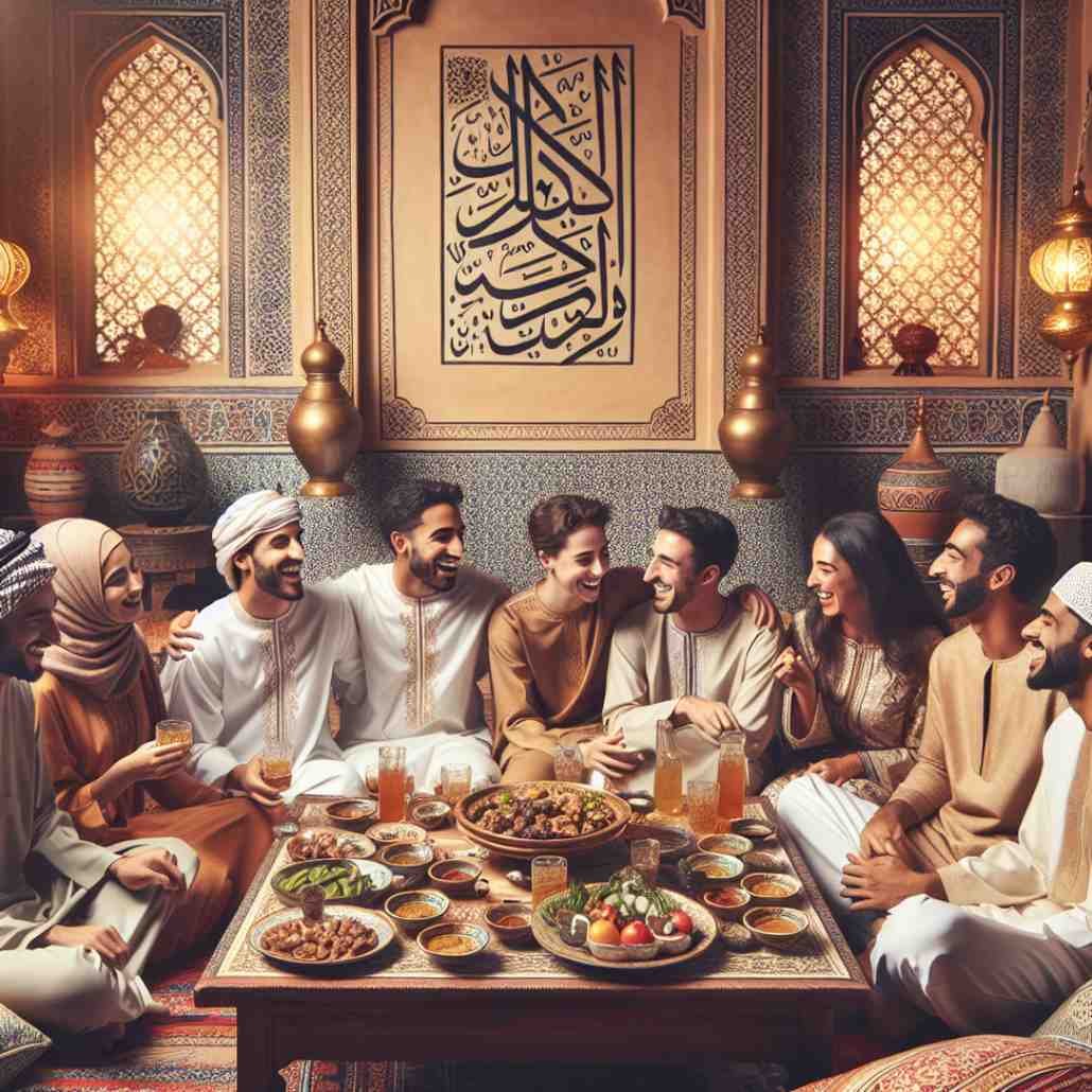 Celebrating friendship in Arabic culture: A warm and inviting image showcasing a group of friends in traditional Arabic attire, gathered around a table filled with delicious Arabic cuisine. The scene reflects laughter and camaraderie, perfect for enhancing your post with Arabic captions for Instagram.