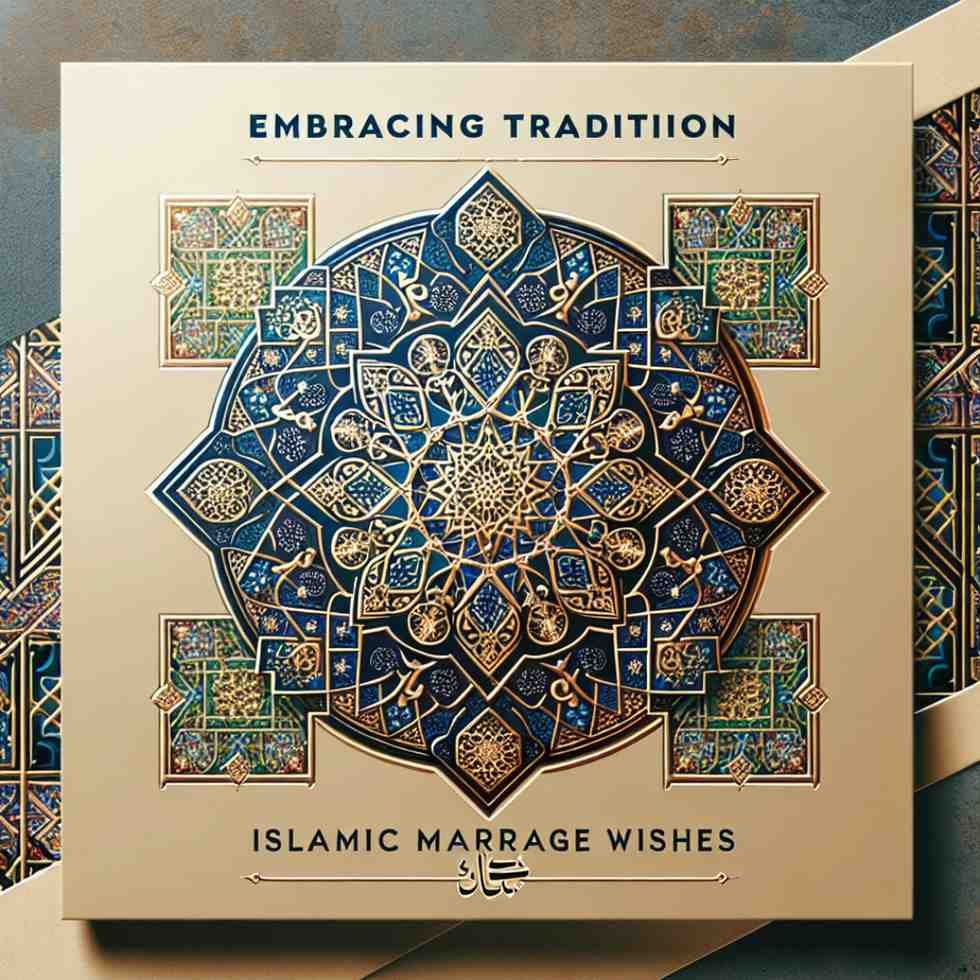 Traditional Islamic card: A traditional Islamic marriage card with elegant Arabic calligraphy and intricate geometric patterns, perfect for Islamic marriage wishes.