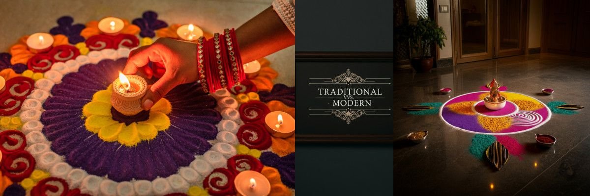 Hand placing diyas on colorful rangoli with text "Traditional vs Modern"