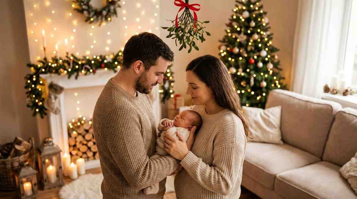 Under the mistletoe newborn Christmas portrait