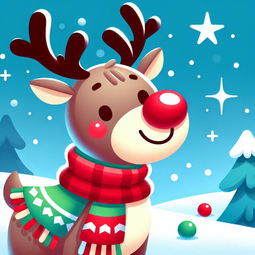Christmas drawing for kids showcasing a reindeer with circles for the face, red nose for Rudolph, and decorative antlers.