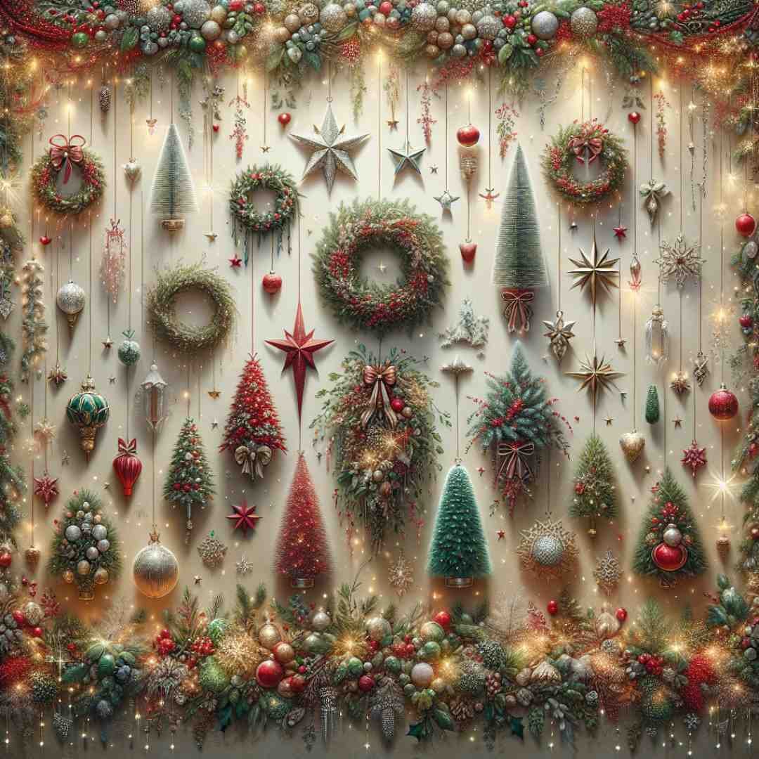 Decorative Christmas wall with wreaths, tree outlines, and festive ornaments