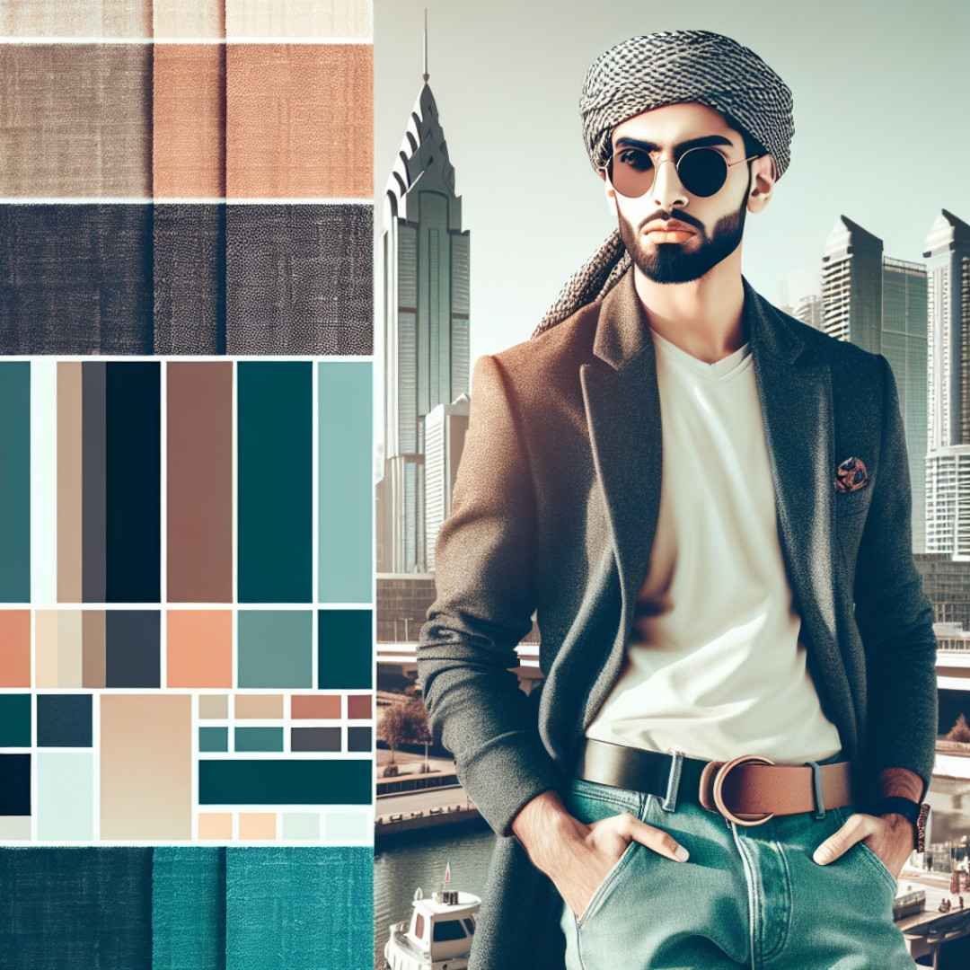 A social media influencer confidently posing in trendy fashion against a city skyline backdrop.