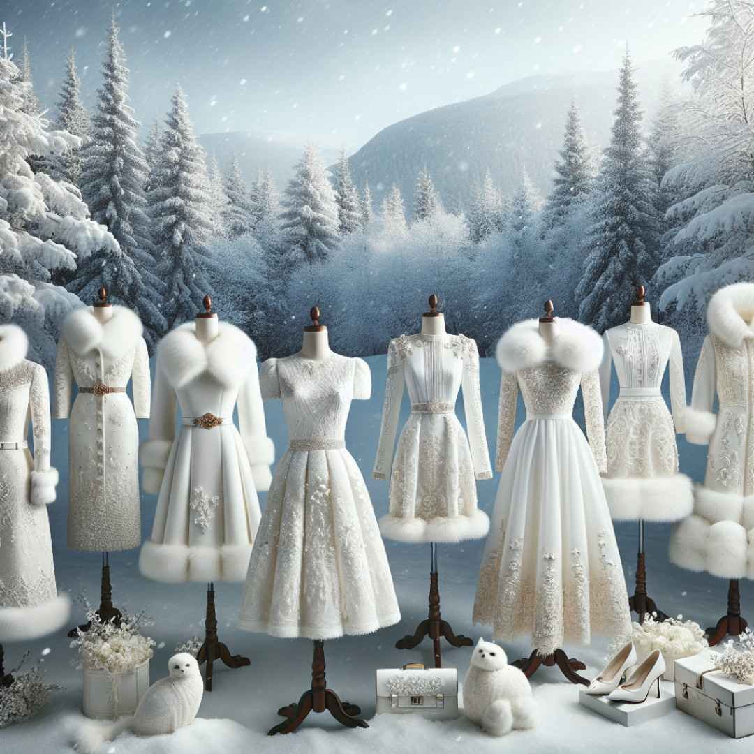 White Christmas dresses on mannequins in a snowy forest winter scene.