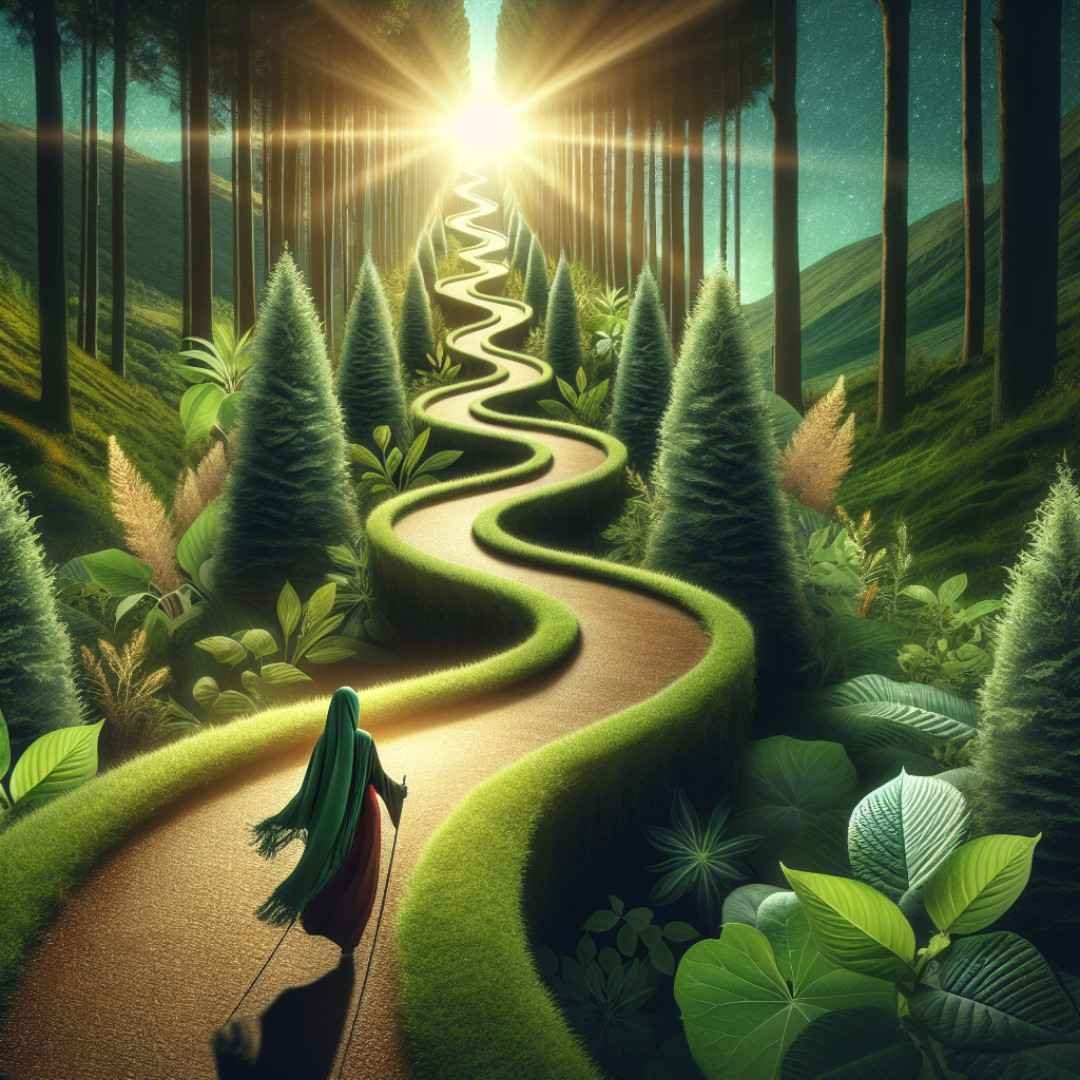 A lone woman walking along a winding path through a lush forest, moving toward a glowing light in the distance.
