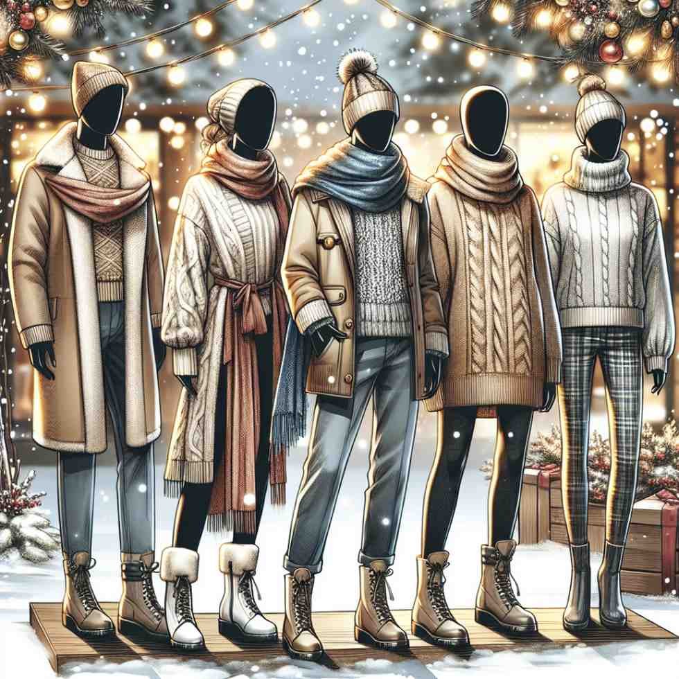 Christmas outfits capturing elegantly layered ensembles, featuring cozy sweaters, chic coats, and warm scarves. Designed for outdoor Christmas celebrations, the image is set in a snowy environment adorned with festive decorations like twinkling lights and wreaths, highlighting both practicality and style for winter festivities.