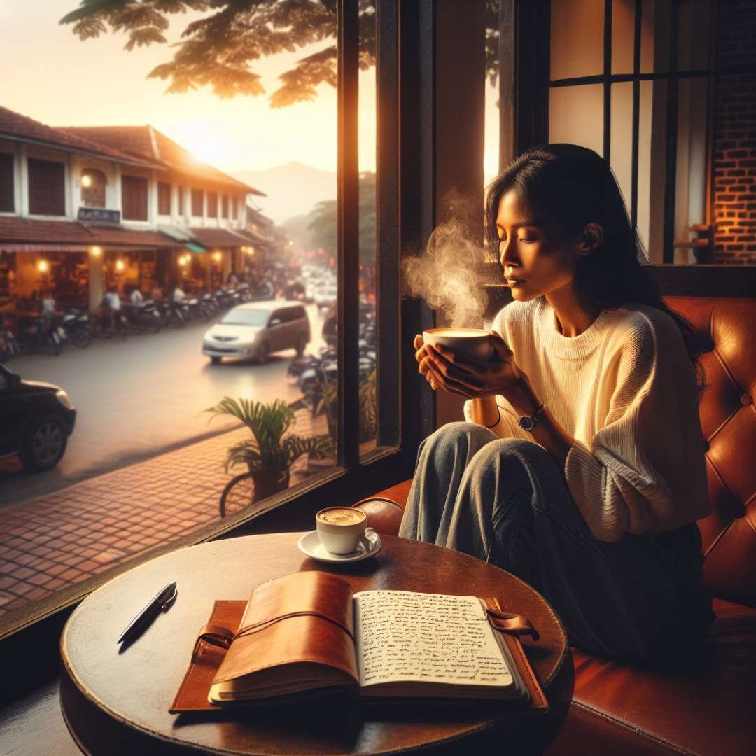 Woman enjoying coffee while journaling in cozy café at sunset