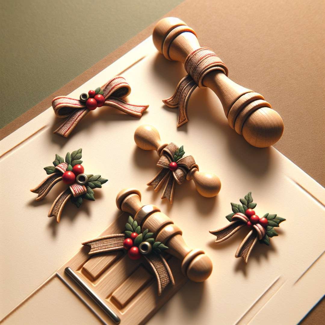 Wooden Christmas-themed door trims with bows and holly.