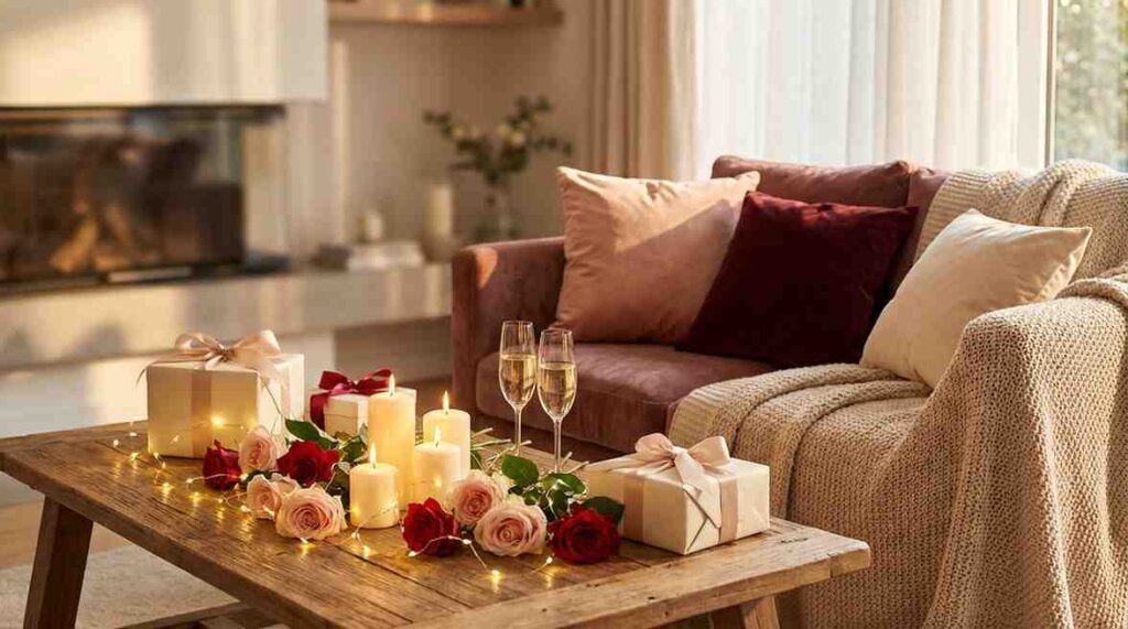 Alt Text: Romantic Valentine’s Day collection setup with candles, flowers, gifts, and cozy blush-toned decor
