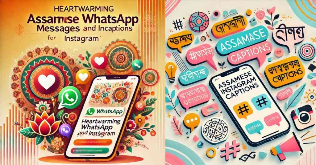 Creative featured image showcasing Assamese WhatsApp messages and Instagram captions, highlighting vibrant design elements.