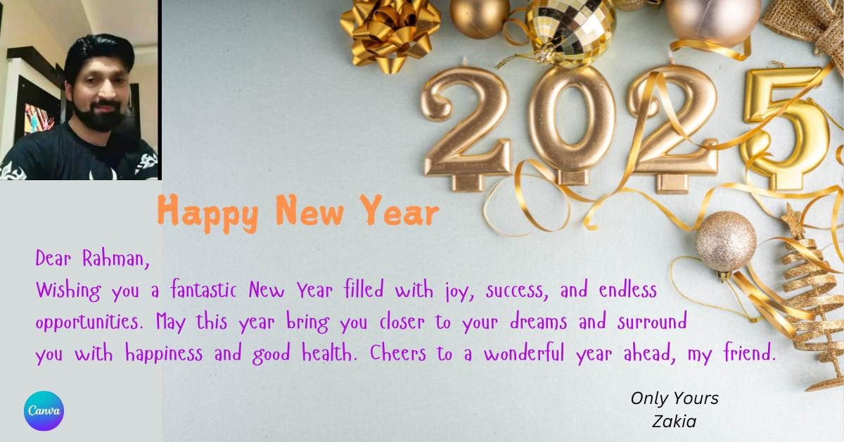 Beautiful Happy New Year greeting card designed on canva, featuring customizable Happy New Year Wishes with Name and Photo Edit