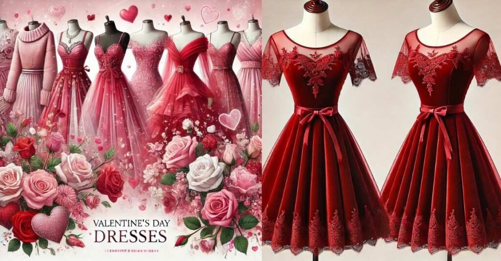 Elegant Valentines dress in red velvet with lace details and a flowing skirt."