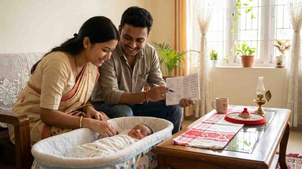 Assamese parents choosing meaningful baby names while spending time with their newborn child