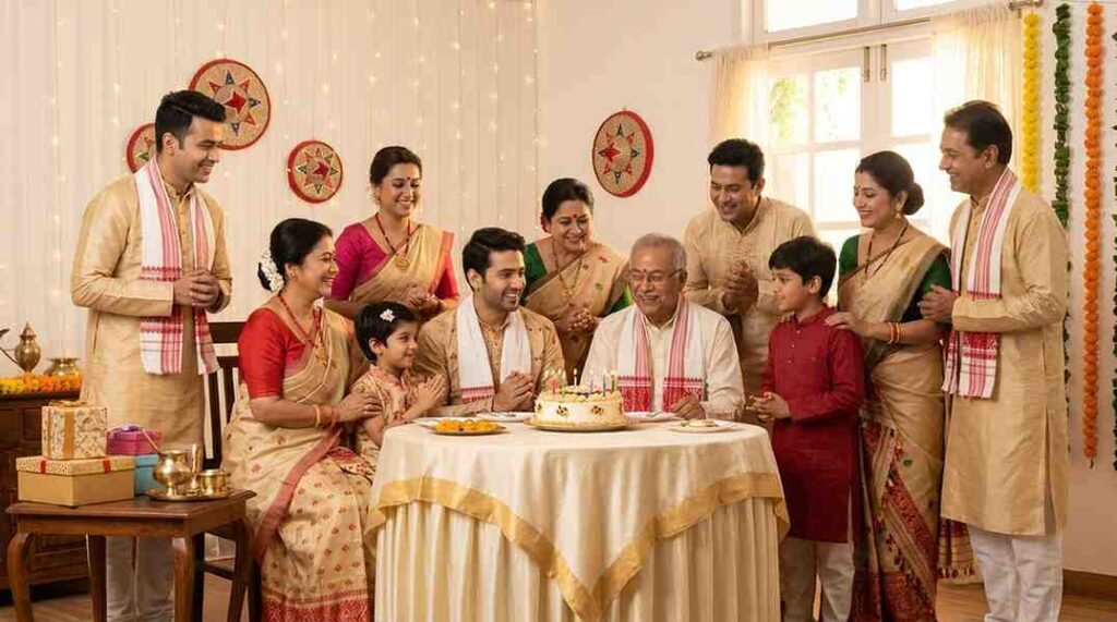 Assamese birthday wishes for every relationship featuring family members, friends, and loved ones celebrating a birthday together