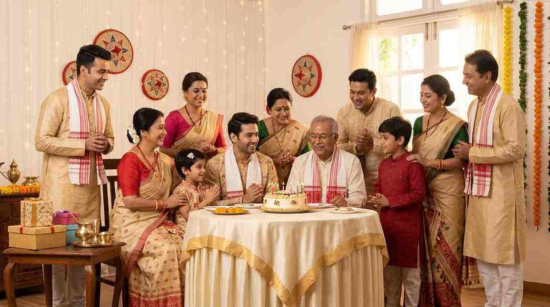 Assamese birthday wishes for every relationship featuring family members, friends, and loved ones celebrating a birthday together