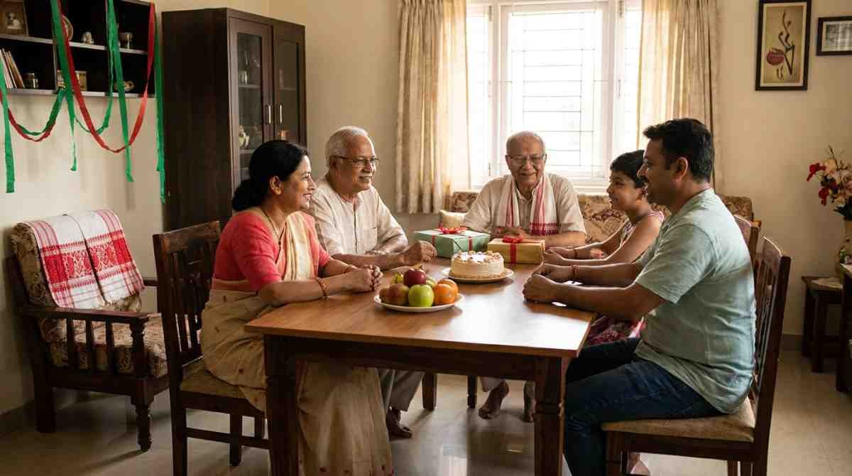 Assamese family celebrating a birthday together with a cake and festive home decorations