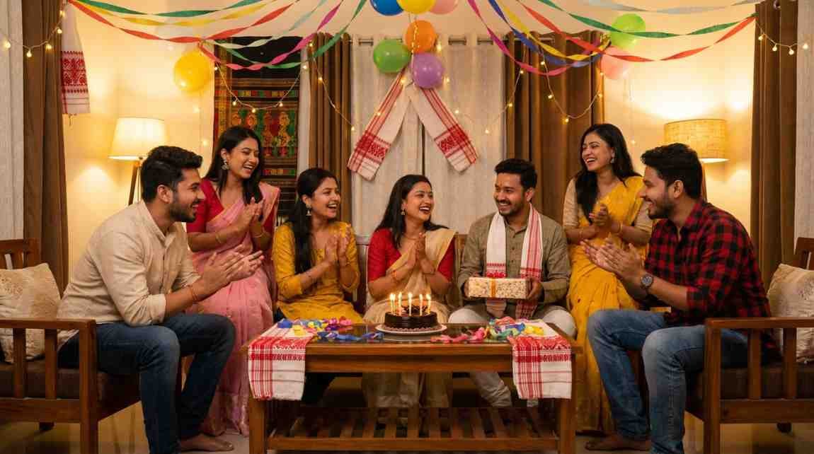 Assamese friends laughing and celebrating a birthday with a cake and colorful festive decorations