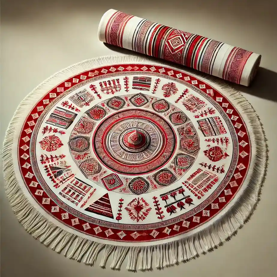 Assamese gamosa and traditional round jaapi with red woven patterns