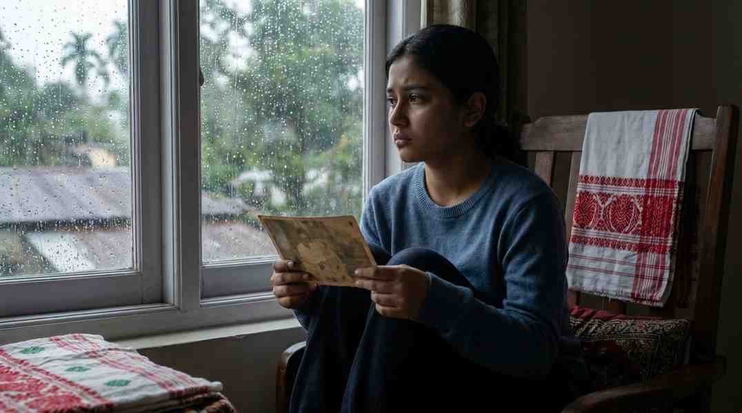 Person reflecting on lost love and memories in an emotional Assamese setting