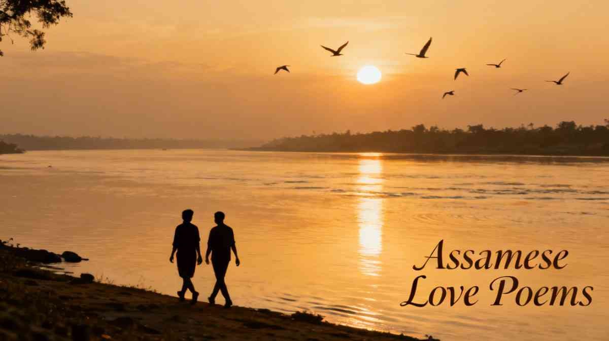 assamese love poems couple silhouette near brahmaputra river at sunset