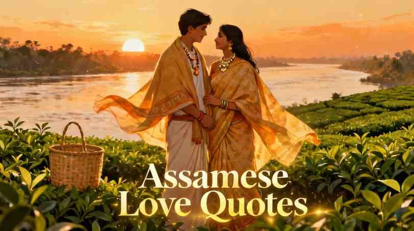 Assamese love quotes couple near Brahmaputra river in tea garden at sunset