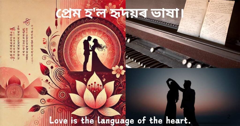 Assamese love quote collage with romantic couple, piano, and sunset silhouette