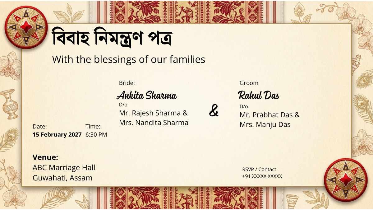 Example Assamese marriage invitation card format with bride groom details wedding date time venue and RSVP information