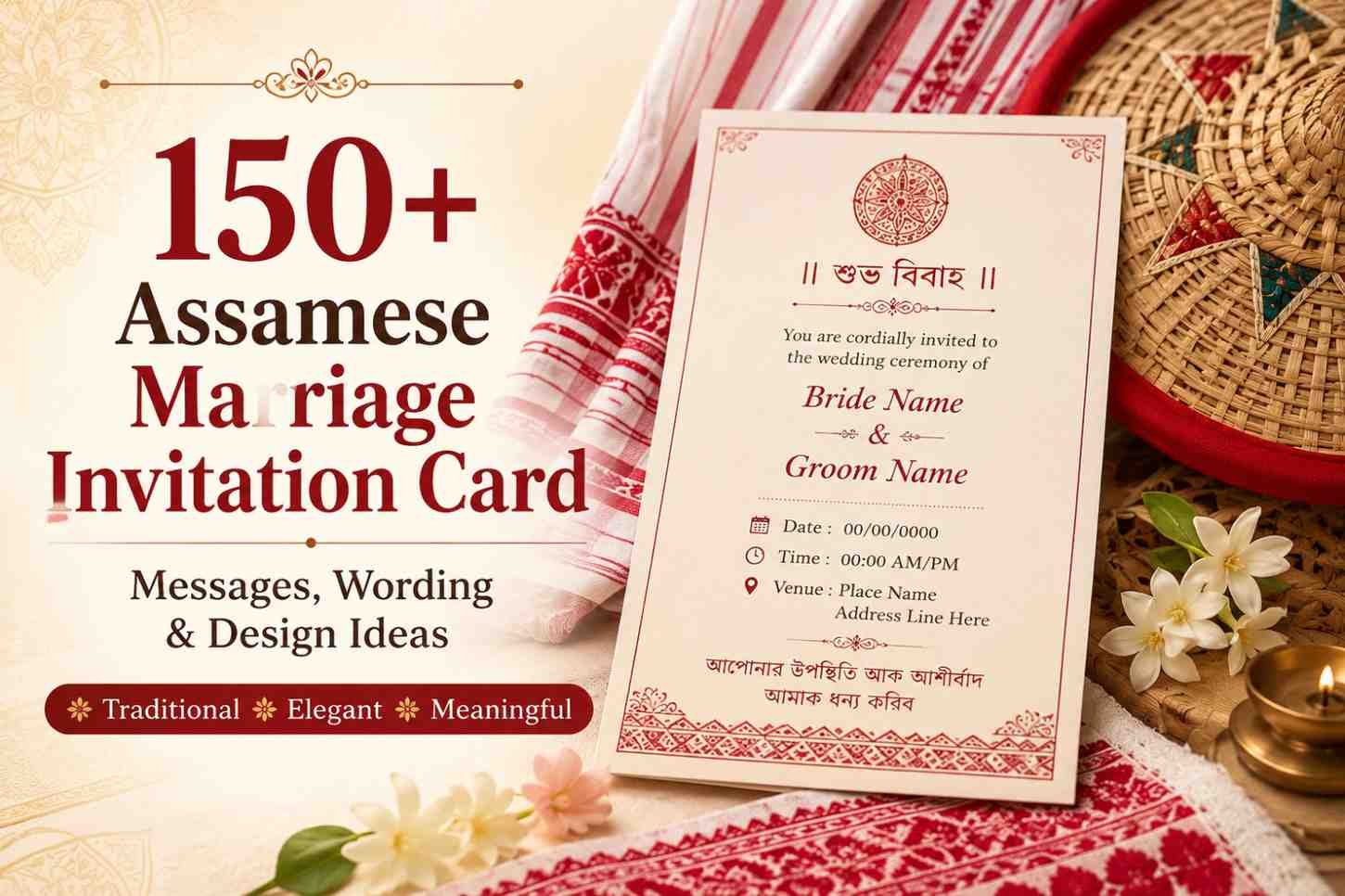 Traditional Assamese marriage invitation card featuring Jaapi motifs, Gamosa patterns, and elegant Assamese wedding design elements