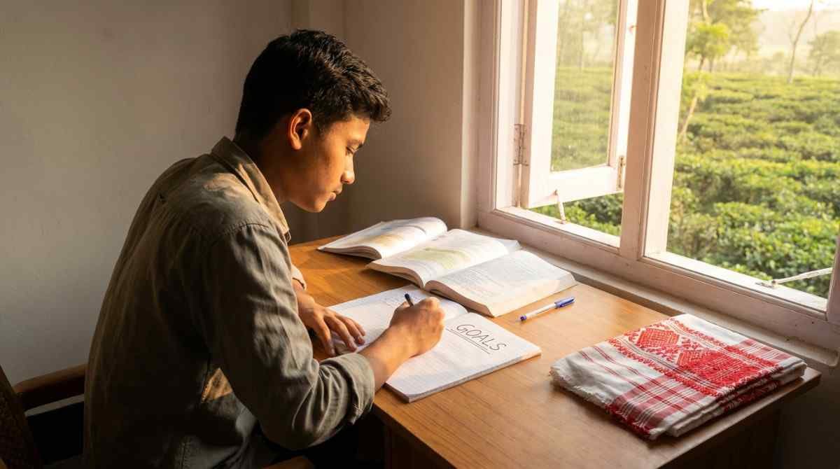 Assamese student studying with determination and motivation for success