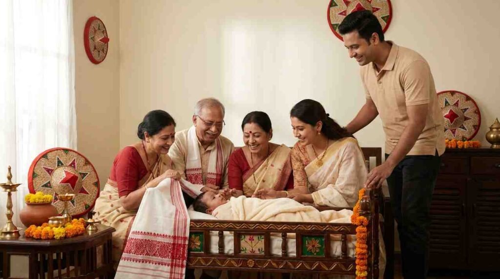 Assamese naming ceremony featuring a newborn baby with family members celebrating Assamese names and meanings