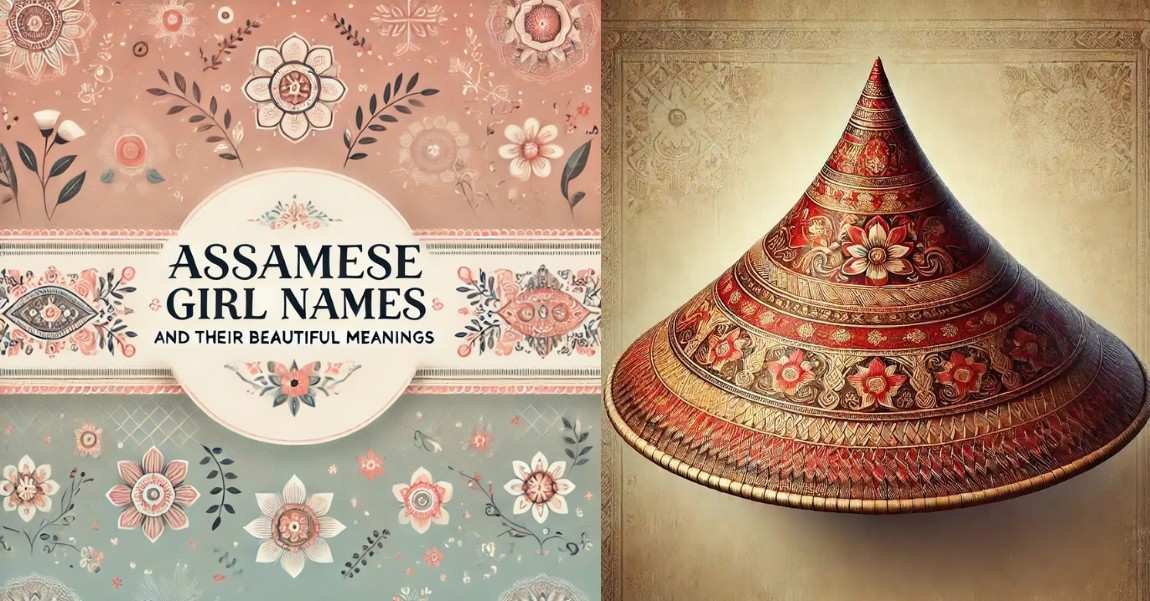Assamese traditional hat and floral design showcasing baby names.