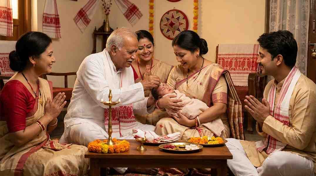 Traditional Assamese naming ceremony with family elders blessing a newborn baby
