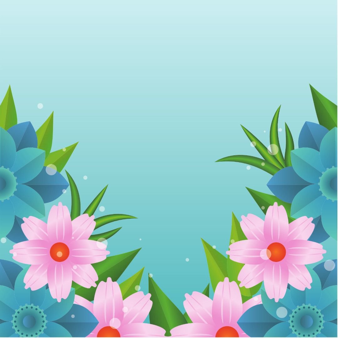 Blue and pink flower border with green leaves on sky background