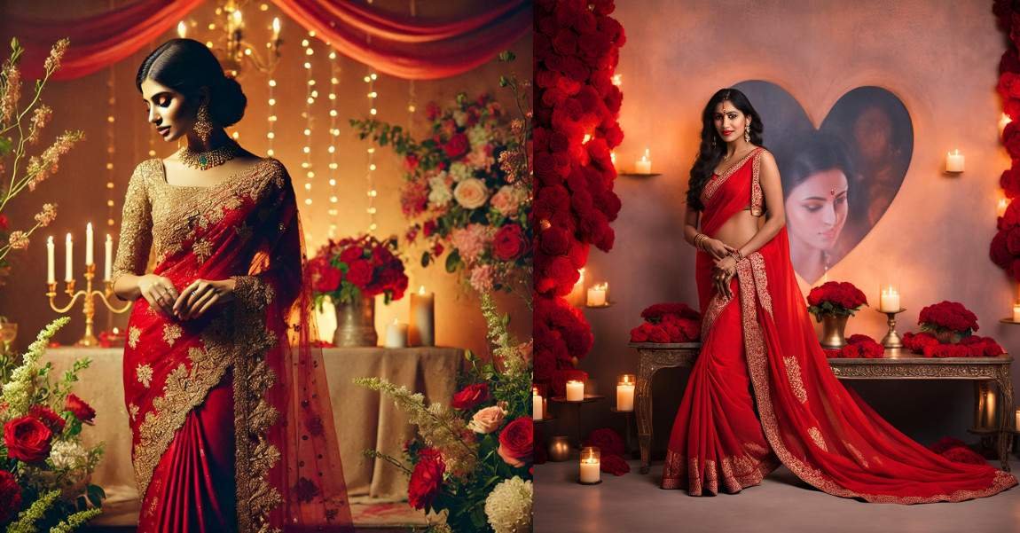 Brides in red and gold sarees standing in beautifully decorated wedding settings