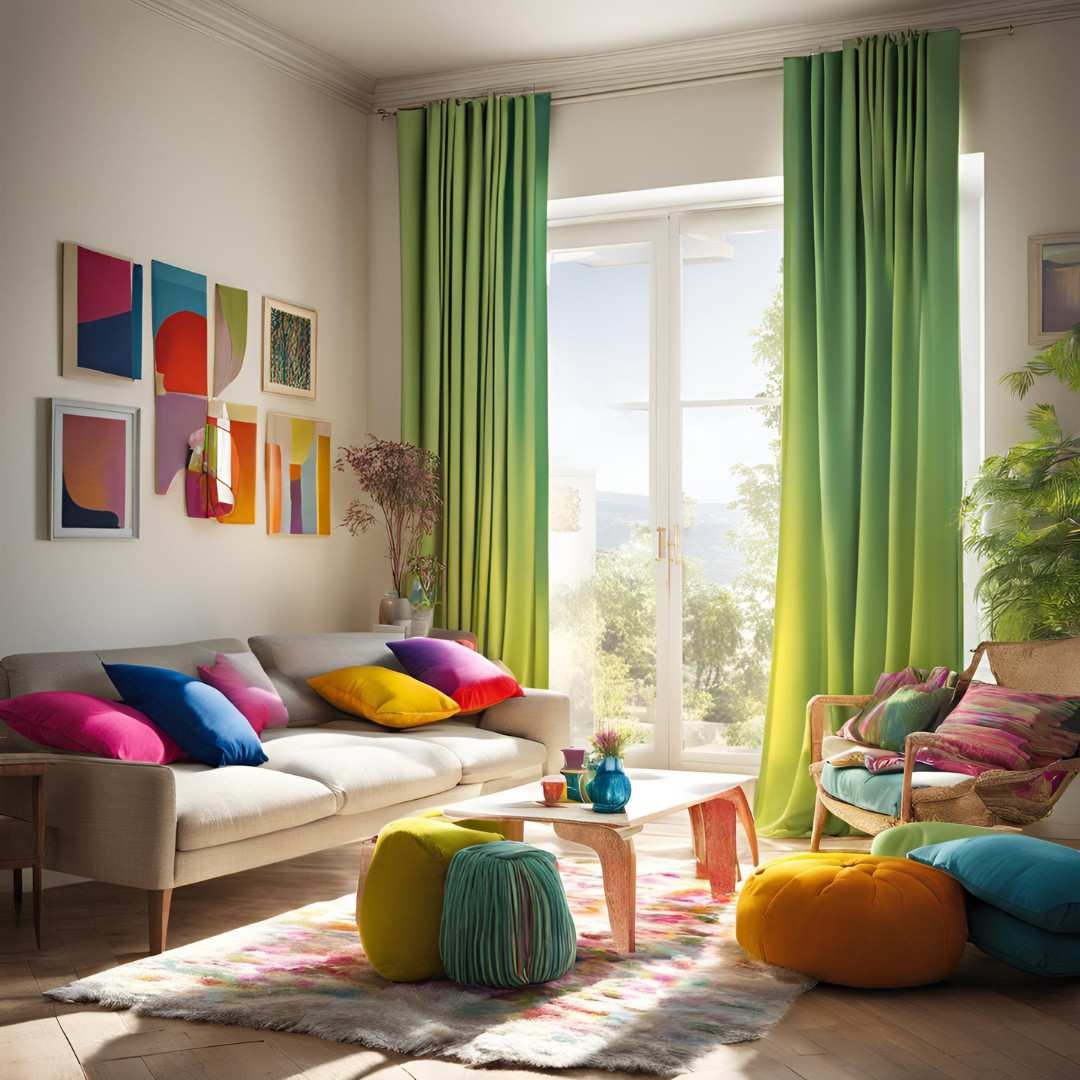 Bright living room with colorful pillows and green curtains