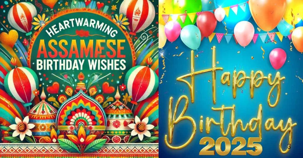 Colorful Assamese birthday greeting with balloons and festive designs
