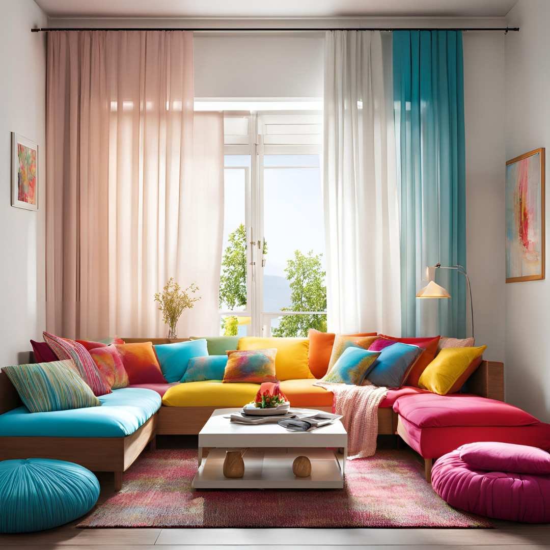 Vibrant living room with colorful furniture and soft natural light