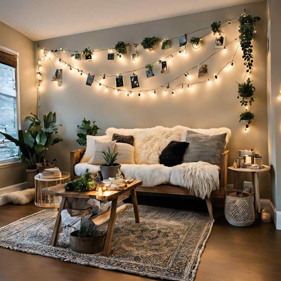 Cozy living room with string lights, greenery, and warm decor