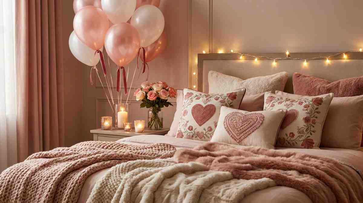 Cozy Valentine bedroom decor with romantic embroidery details