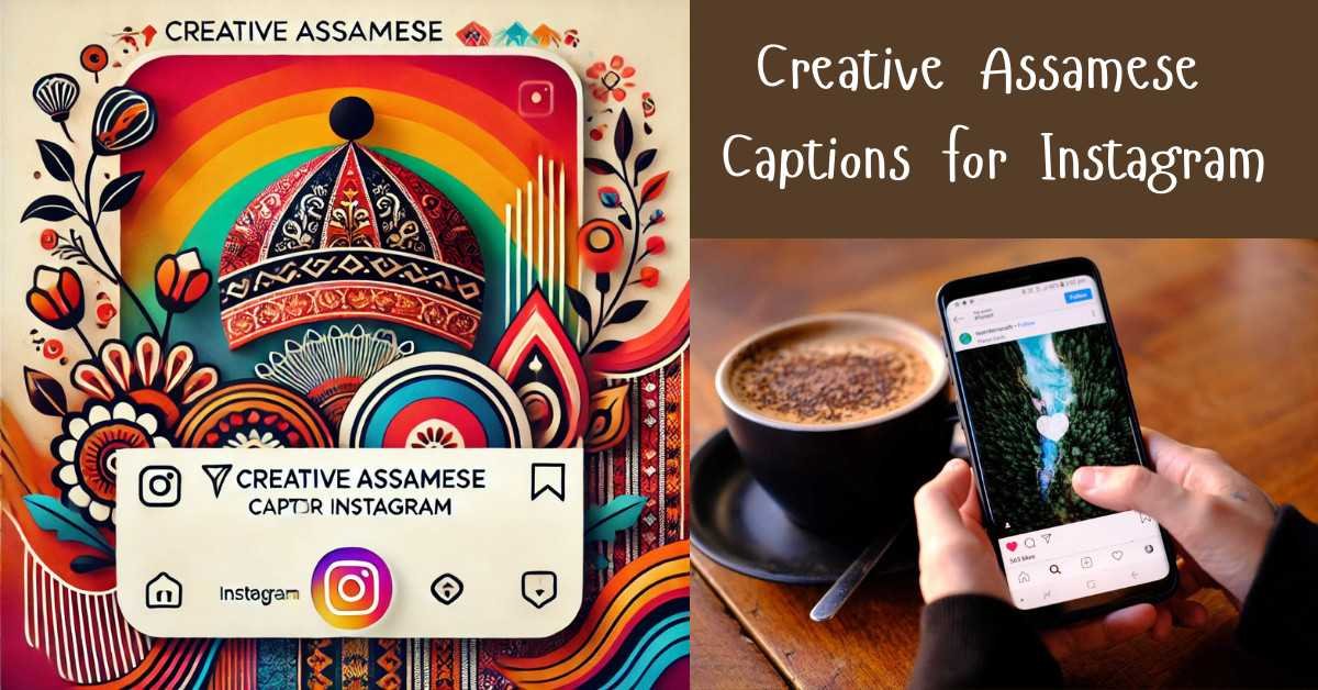 Creative Assamese captions for Instagram with vibrant artwork and coffee