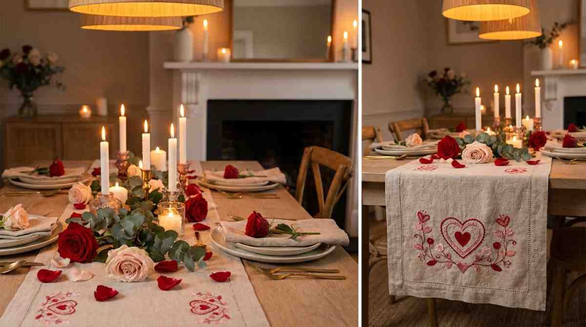 DIY embroidered Valentine table runner with candles and roses