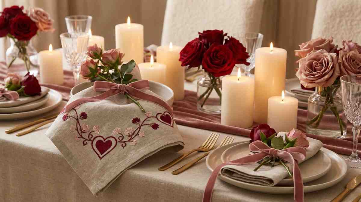 Embroidered Valentine linen napkins with romantic table styling